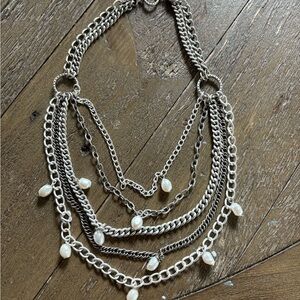Stella & Dot Silver Layered Necklace with Pearl Accents